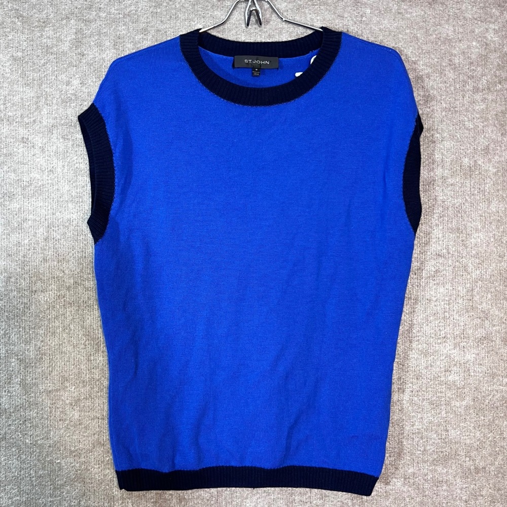 St John Wool Knit Sweater Vest Womens M Blue Navy Trim Shell Preppy Minimalist